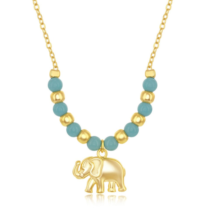 Sterling Silver Gold Plated Alternating Created Turquoise & Plain Bead Elephant Charm Necklace