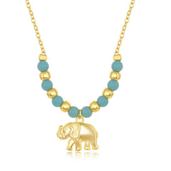 Sterling Silver Gold Plated Alternating Created Turquoise & Plain Bead Elephant Charm Necklace