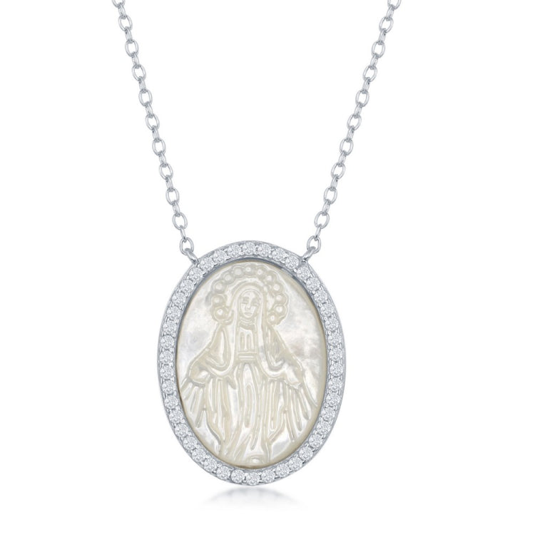 Sterling Silver Mother of Pearl Virgin Mary with CZ Border Necklace
