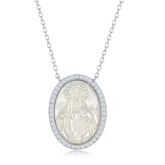 Sterling Silver Mother of Pearl Virgin Mary with CZ Border Necklace