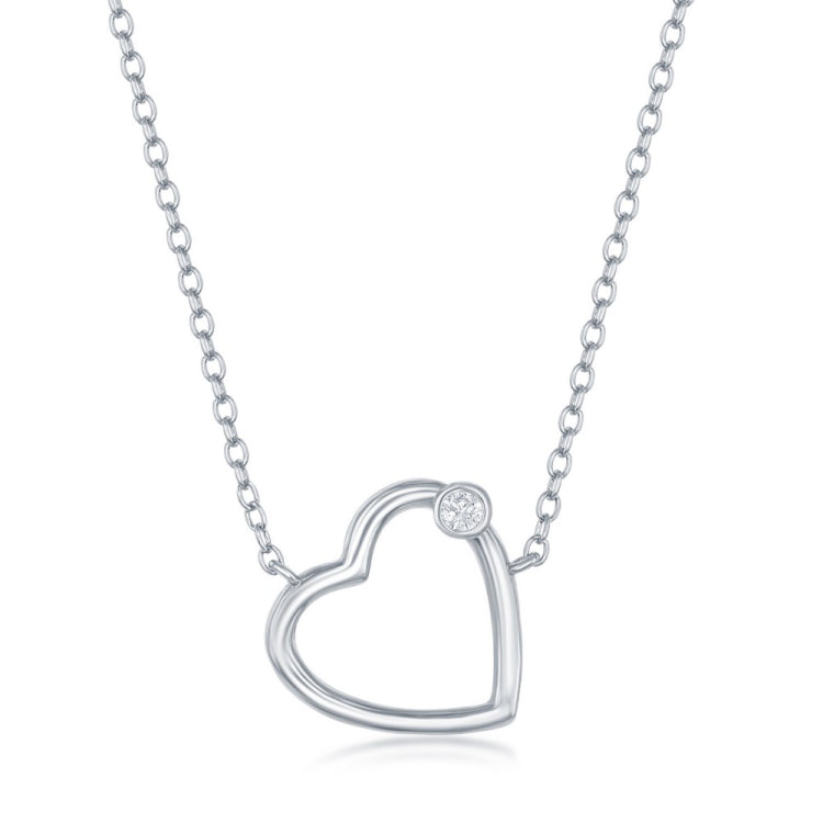 Sterling Silver Heart with Single CZ Necklace