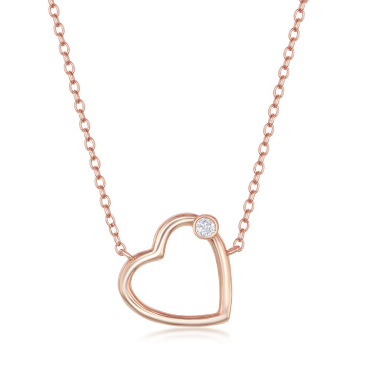 Sterling Silver Heart with Single CZ Necklace - Rose Gold Plated