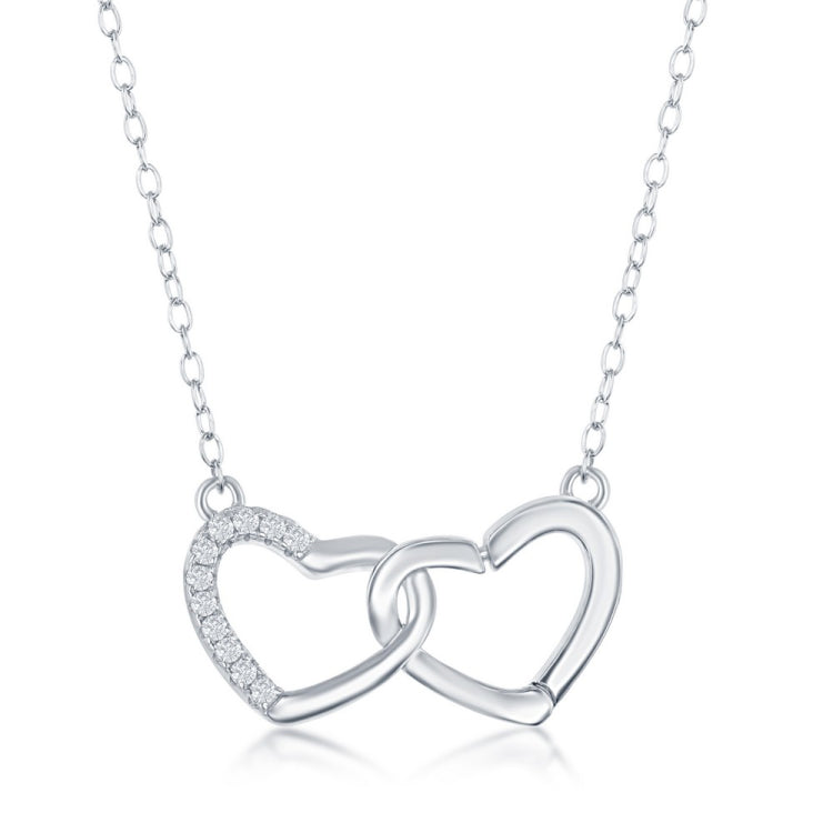 Sterling Silver Interlocking Half CZ Heart Necklace