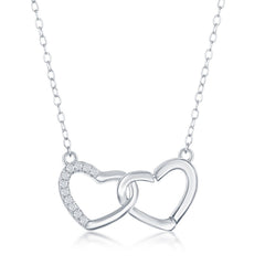 Sterling Silver Interlocking Half CZ Heart Necklace
