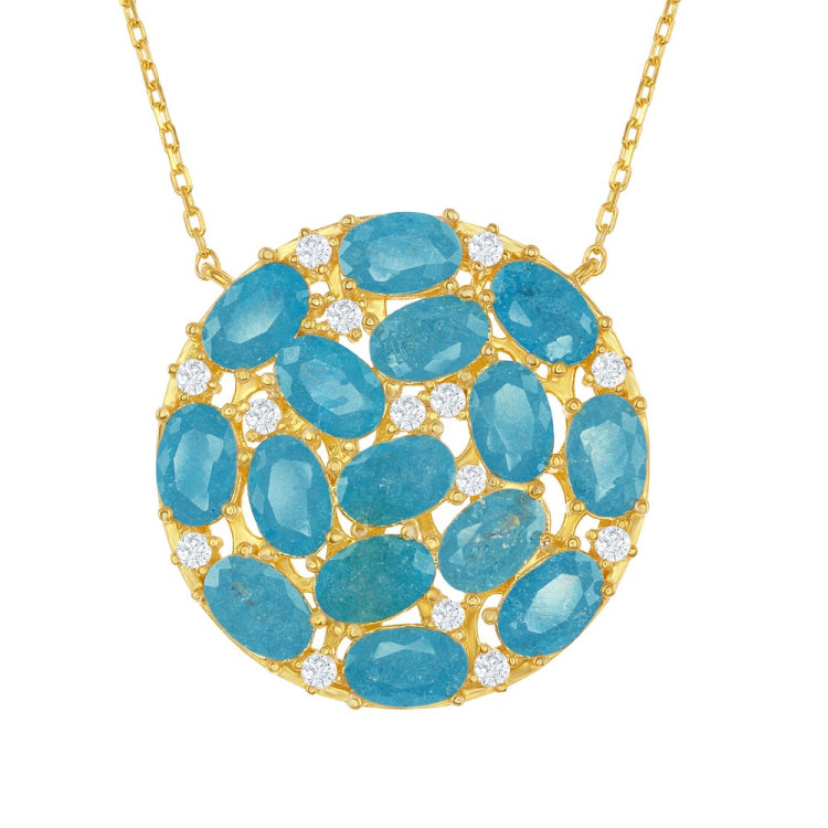 Sterling Silver Gold Plated Round with Center Blue Ice Stones & CZ's Necklace