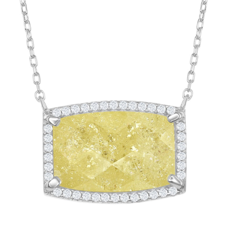 Sterling Silver 16+2" Rectangle Yellow Stone with CZ Border Necklace