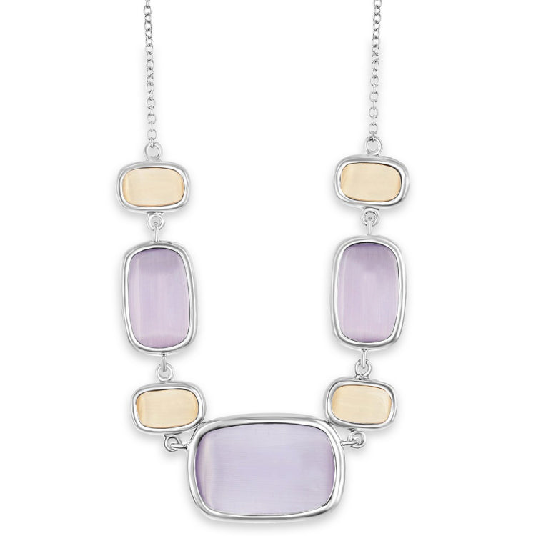 Sterling Silver Alternating Champagne & Light Violet Rectangle Cat's Eye Necklace