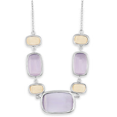 Sterling Silver Alternating Champagne & Light Violet Rectangle Cat's Eye Necklace