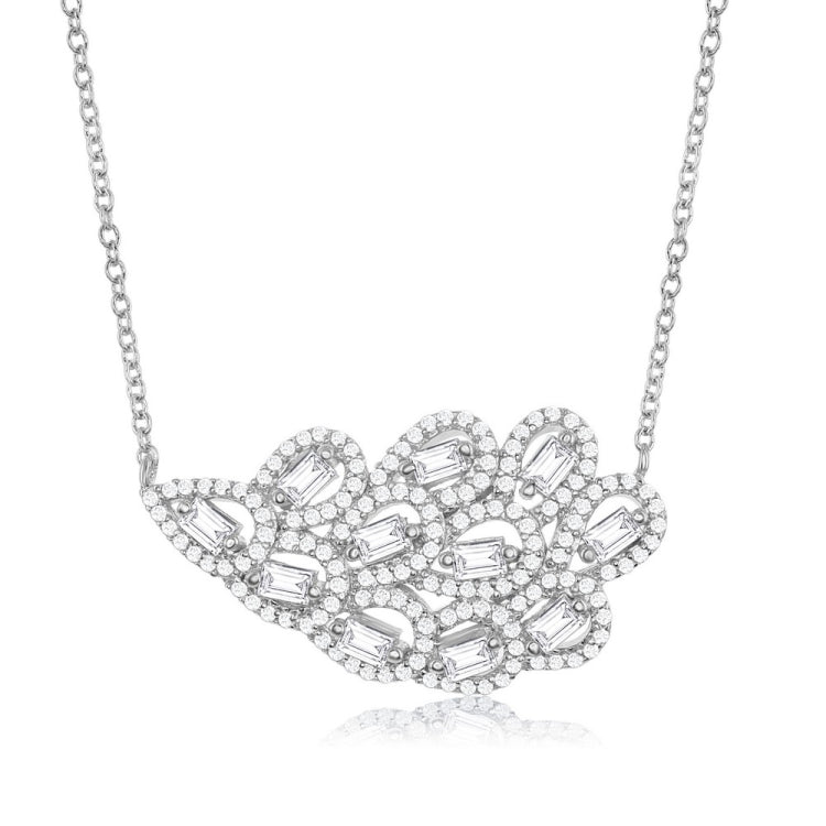 Sterling Silver Feather Shaped CZ with Baguettes Necklace