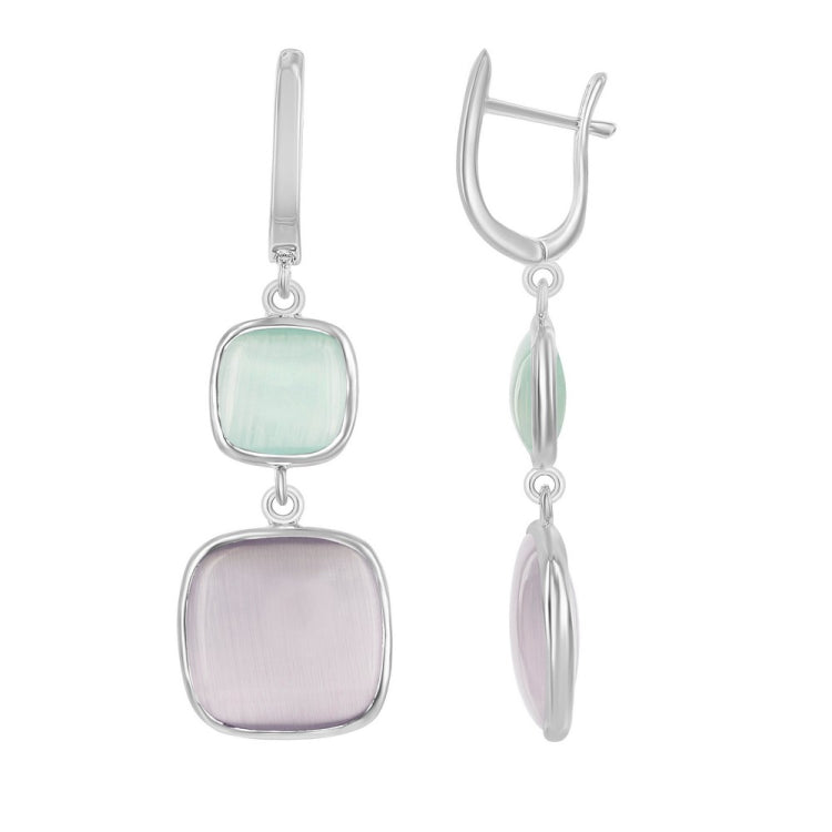 Sterling Silver Light Green Smaller Sqaure & Grey Larger Sqaure Cat's Eye Earrings