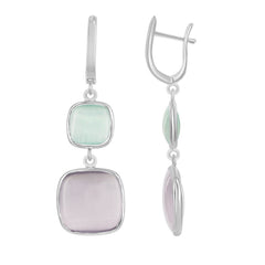 Sterling Silver Light Green Smaller Sqaure & Grey Larger Sqaure Cat's Eye Earrings