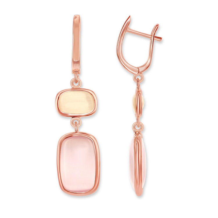 Sterling Silver RG Champagne & Sakura Pink Cat's Eye Rectangle Earrings