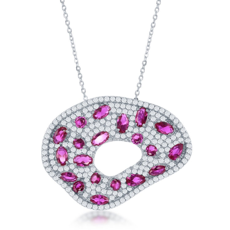 Sterling Silver 16" Irregular Shape Ruby & White CZ Necklace