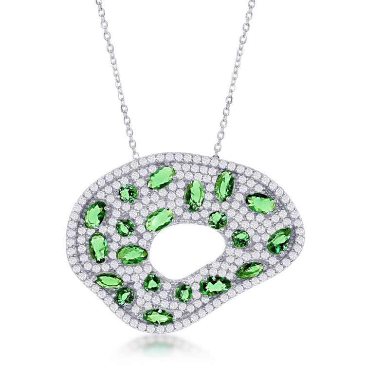 Sterling Silver 16" Irregular Shape Emerald & White CZ Necklace