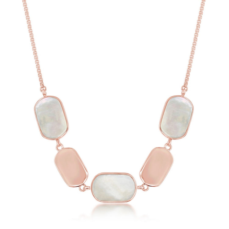 Sterling Silver Alternating Polished and Pink Mother of Pearl Necklace - Rose Gold Plated