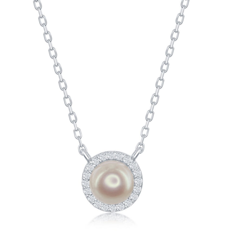 Sterling Silver Pearl with CZ Border Necklace