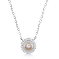 Sterling Silver Pearl with CZ Border Necklace