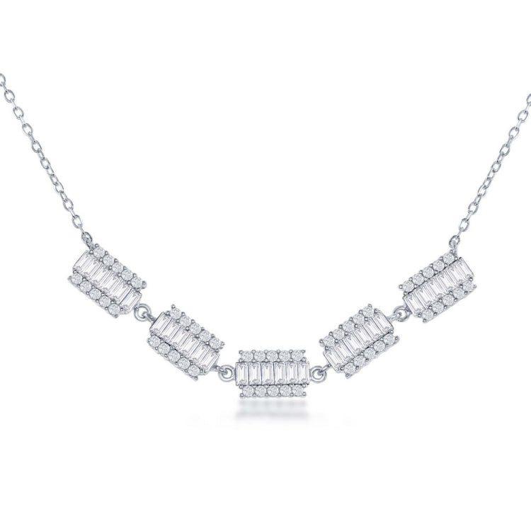 Sterling Silver Rectangle Baguette and CZ Border Necklace