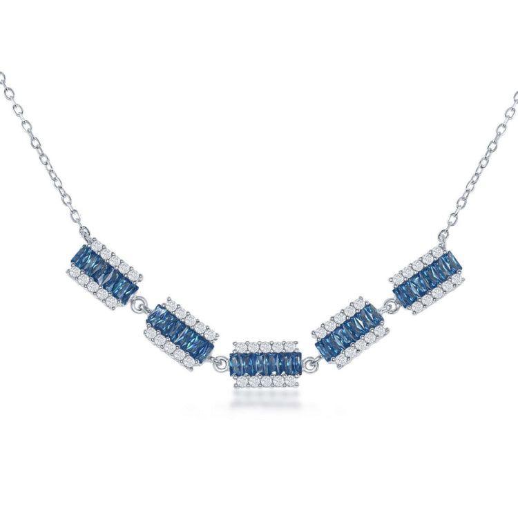 Sterling Silver Rectangle Aquamarine Baguette and White CZ Border Necklace