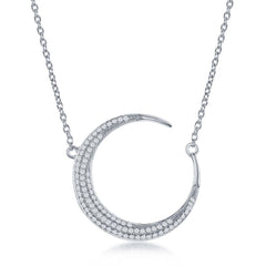 Sterling Silver 16+2" Micro Pave Cubic Zirconia Crescent Moon Necklace