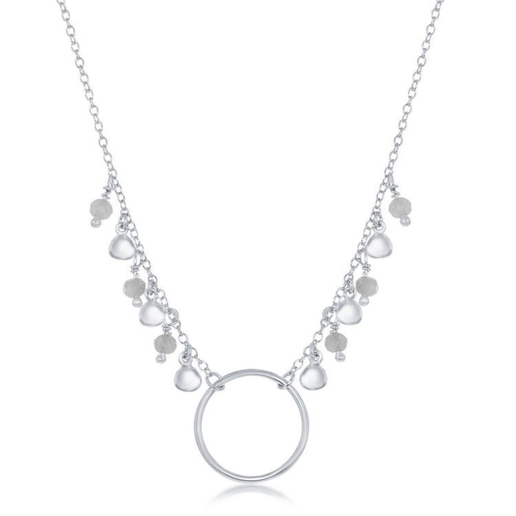 Sterling Silver Dangling Labradorite & Discs Center Open Circle Necklace