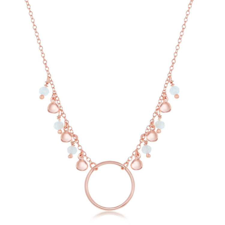 Sterling Silver Rose Gold Plated Dangling Rose Quartz & Discs Center Open Circle Necklace