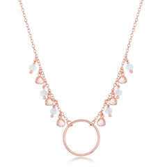 Sterling Silver Rose Gold Plated Dangling Rose Quartz & Discs Center Open Circle Necklace