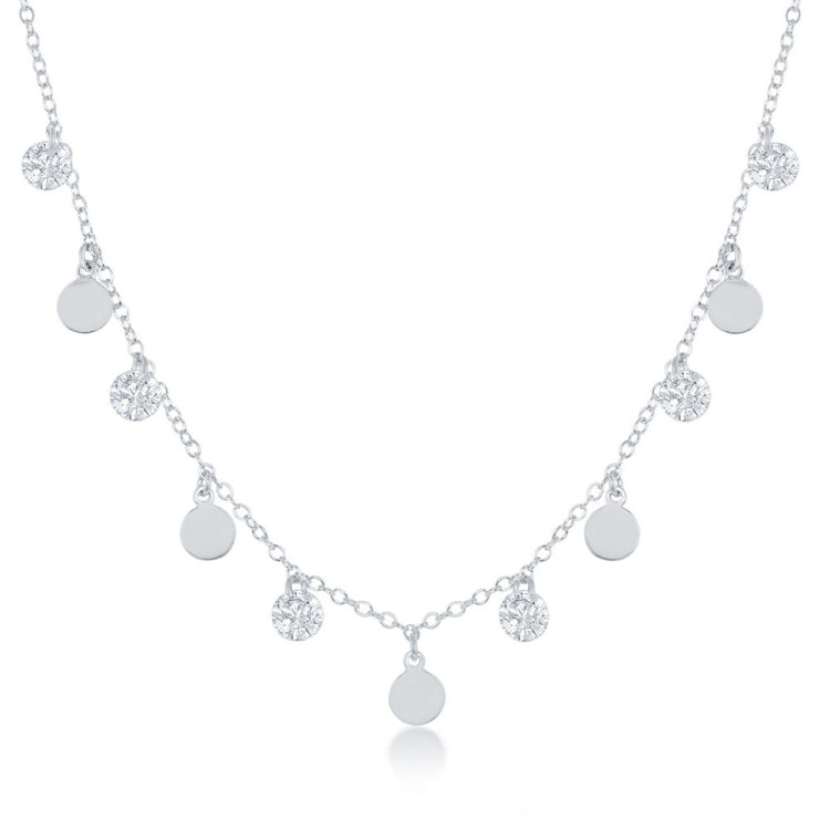 Sterling Silver Dangling CZ's and Discs Necklace