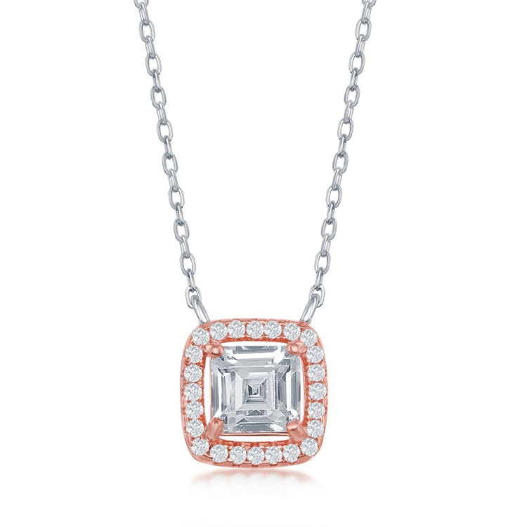 Sterling Silver Double Square CZ Necklace - Rose Gold Plated