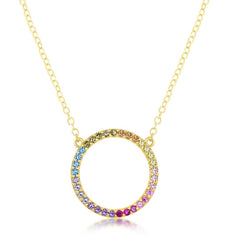 Sterling Silver Rainbow CZ Circle of Life Necklace - Gold Plated