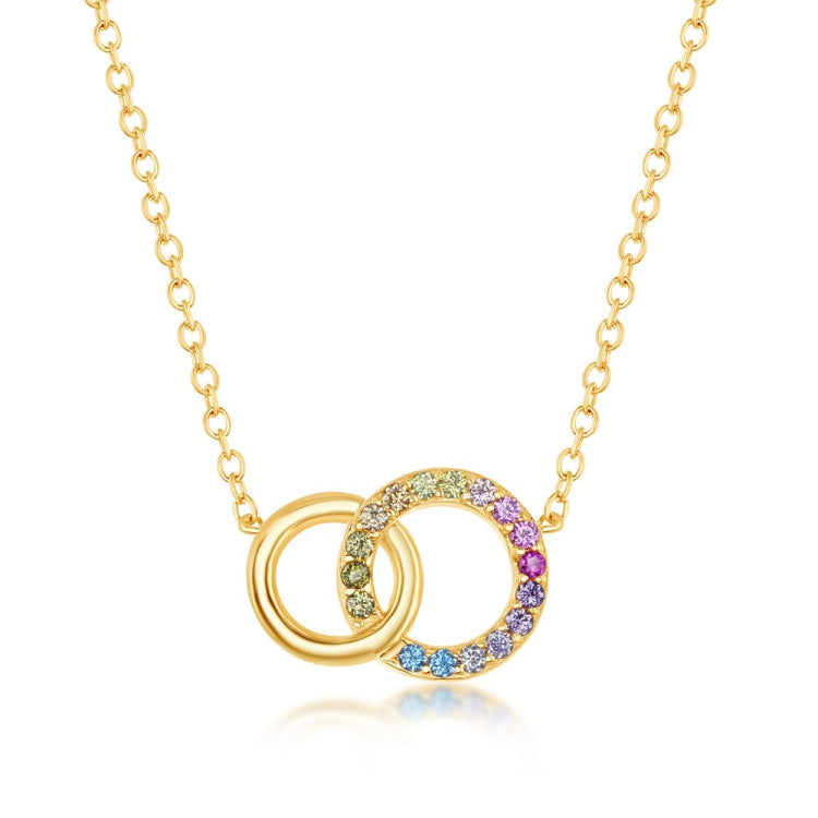 Sterling Silver Rainbow CZ Double Linked Circle Necklace - Gold Plated