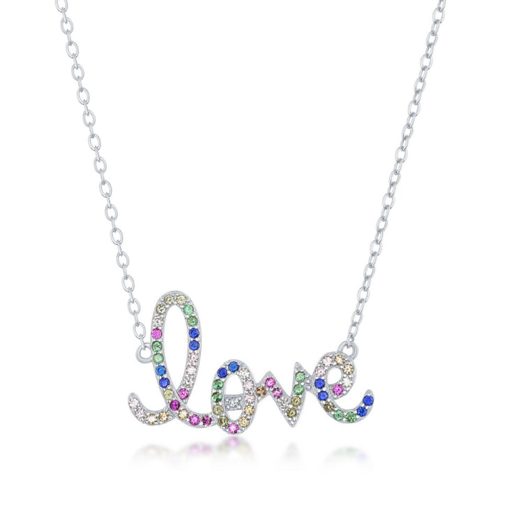 Sterling Silver Rainbow CZ 'Love' Script Necklace