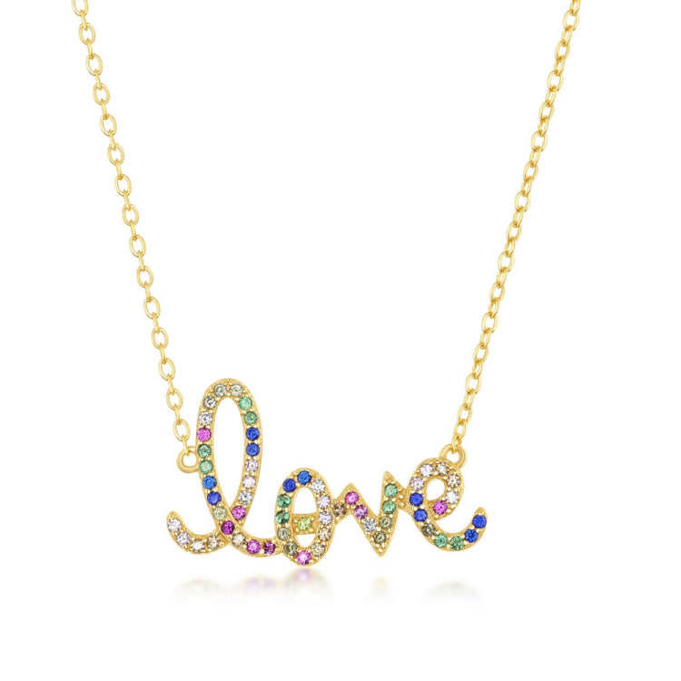 Sterling Silver Rainbow CZ 'Love' Necklace - Gold Plated