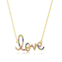Sterling Silver Rainbow CZ 'Love' Necklace - Gold Plated