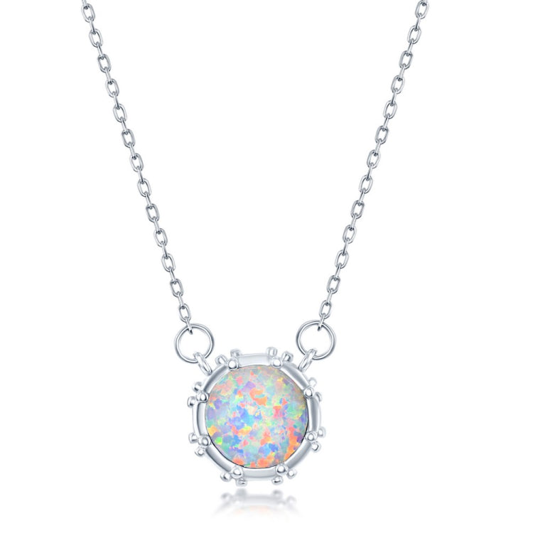 Sterling Silver White Inlay Opal Disc with Studded Border Necklace