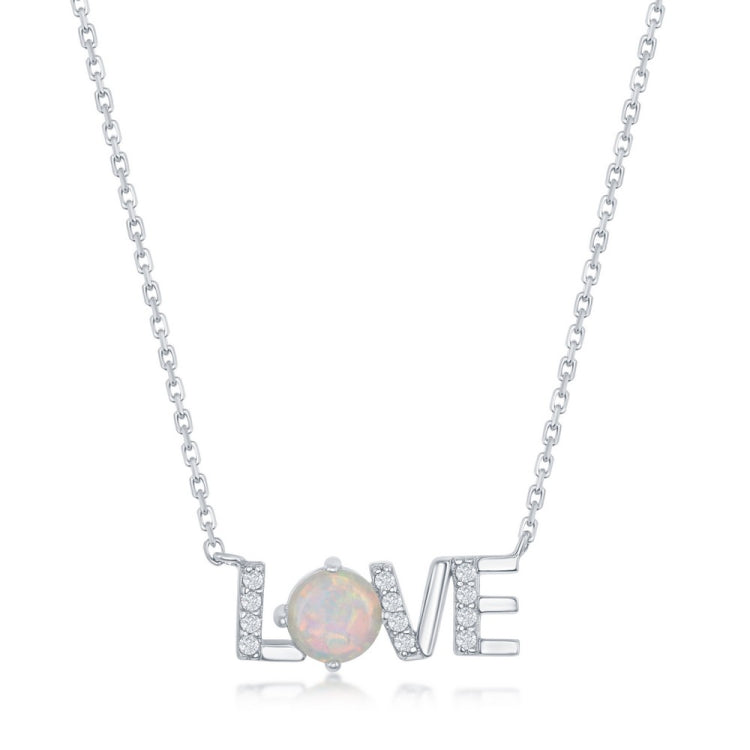 Sterling Silver CZ and White Opal 'Love' Necklace