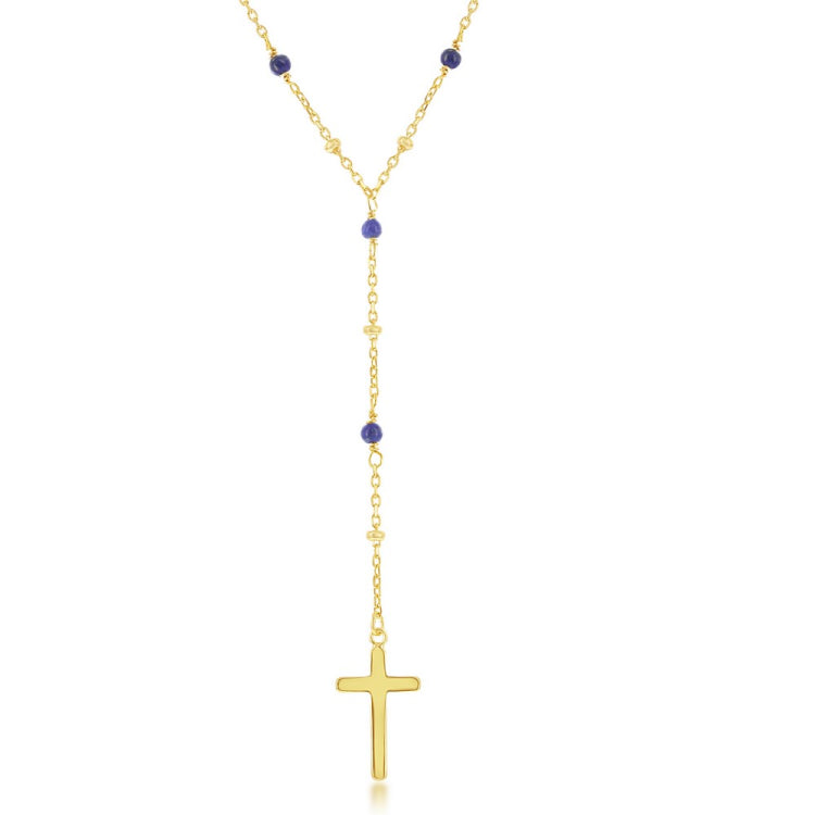 Sterling Silver Lapis & Plain Beads by the Yard Cross Rosary Necklace - Gold Plated