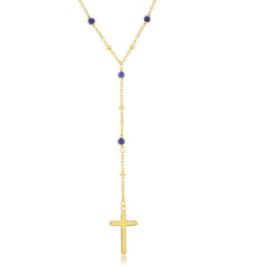 Sterling Silver Lapis & Plain Beads by the Yard Cross Rosary Necklace - Gold Plated