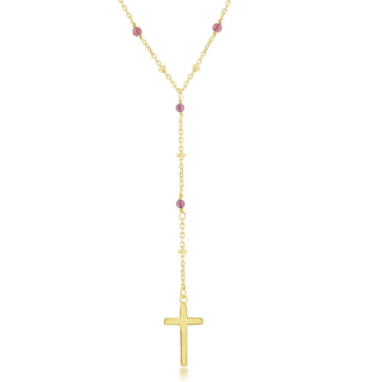 Sterling Silver Garnet & Plain Beads by the Yard Cross Rosary Necklace -Gold Plated
