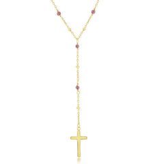 Sterling Silver Garnet & Plain Beads by the Yard Cross Rosary Necklace -Gold Plated