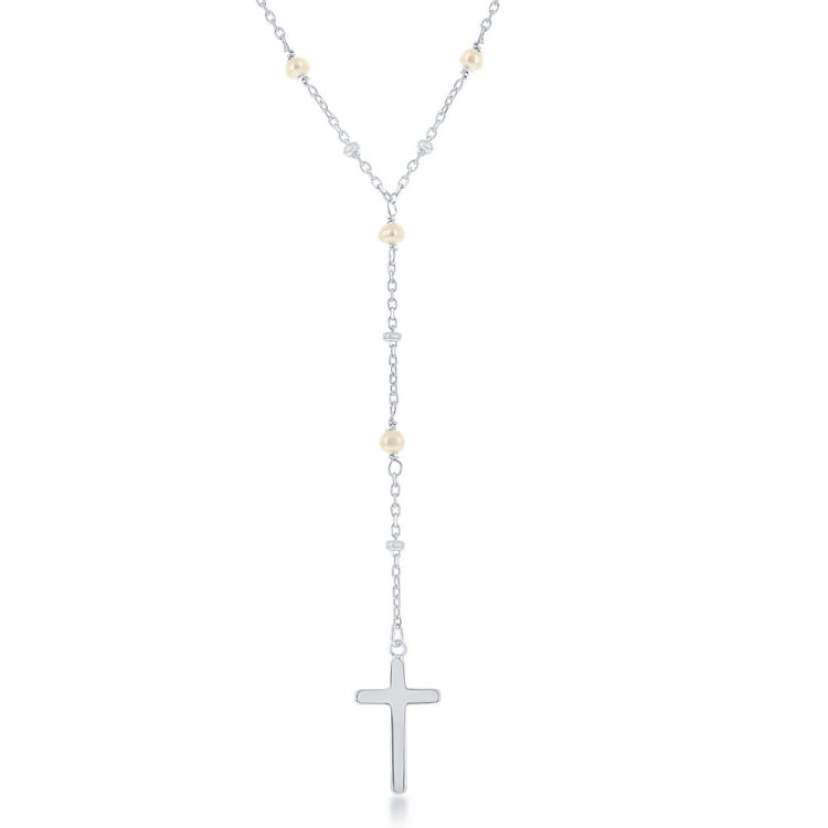 Sterling Silver  Freshwater Pearl & Plain Beads by the Yard Cross Rosary Necklace