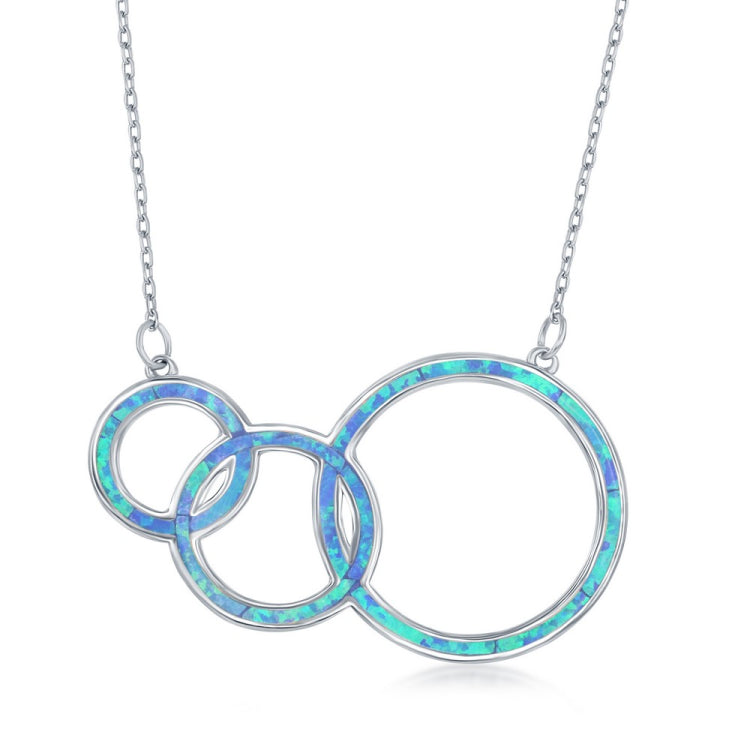 Sterling Silver Blue Inlay Opal Triple Open Circle Third Generation Necklace
