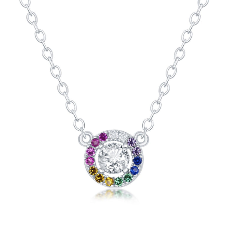 Sterling Silver Center White CZ with Rainbow CZ Border Circle Necklace