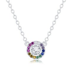 Sterling Silver Center White CZ with Rainbow CZ Border Circle Necklace
