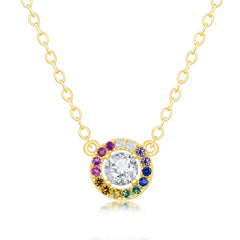 Sterling Silver Center White CZ with Rainbow CZ Border Circle Necklace - Gold Plated