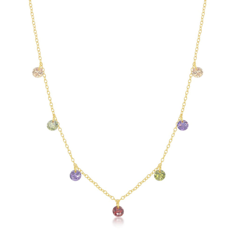 Sterling Silver Dangling Rainbow CZ Necklace - Gold Plated