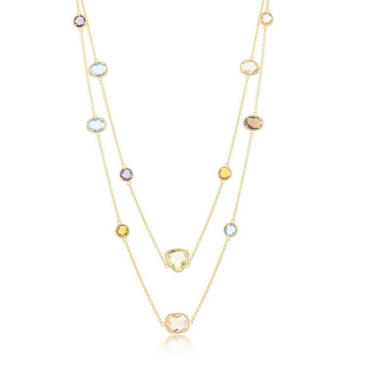 Sterling Silver Multi-Shaped Multi-Color CZ Long Necklace - Gold Plated