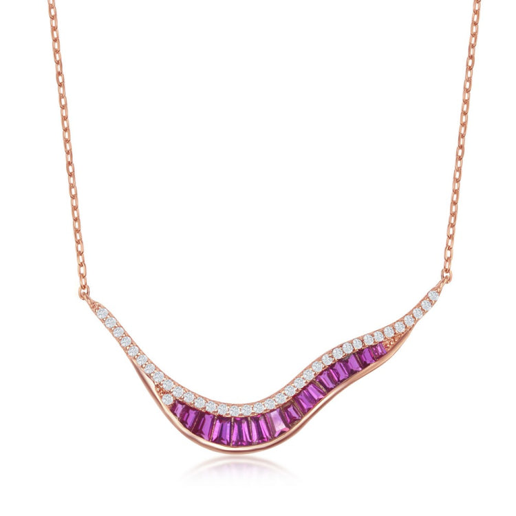 Sterling Silver 'V' Baguette Ruby CZ Necklace - Rose Gold Plated