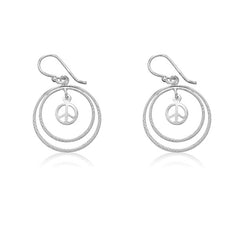 Sterling Silver Double Circles w/ Inner, Small Peace Symbol Earrings