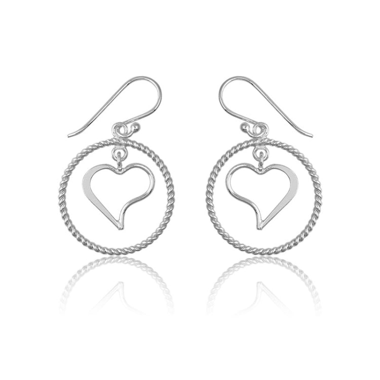 Sterling Silver Twisted Wire Open Circle w/ Center Heart Earrings